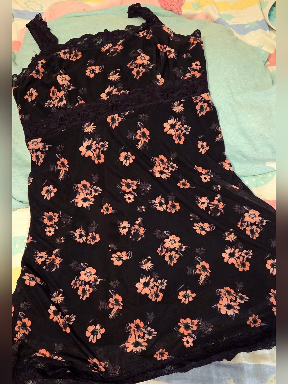 Black Floral Lace Trim Slip Dress - Peach Flowers - Picture 1 of 4
